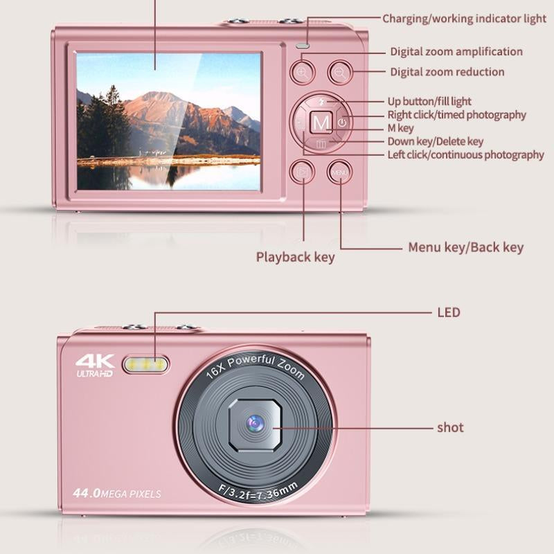 4K Digital Camera, 1200Mah Digital Camera with LED Fill Light Function, High Definition Screen Camera with 16X Digital Zoom, Camera with TF Memory Card